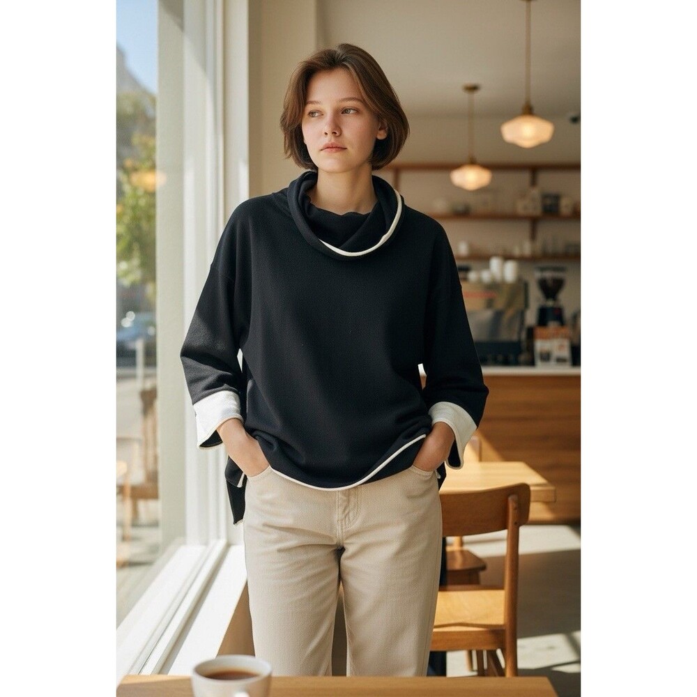 Habitat Clothing To Live In Woman’s Cowl Neck Boxy Sweater Size M Colorblock Top